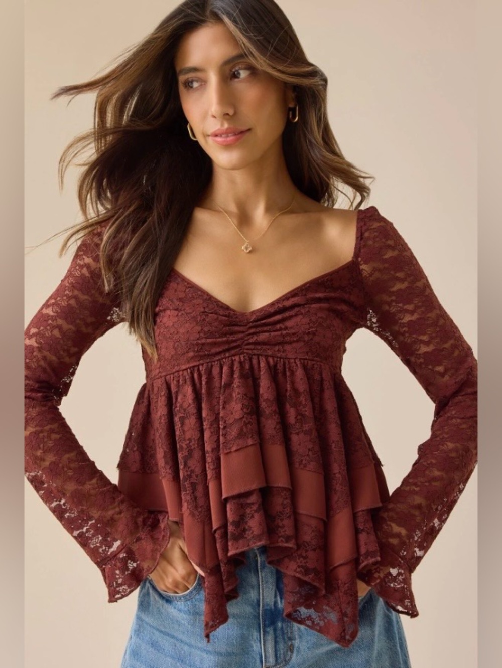 NWT- ALTAR’D STATE Lillian Lace Babydoll Long Sleeve Top: Brown, Size XL